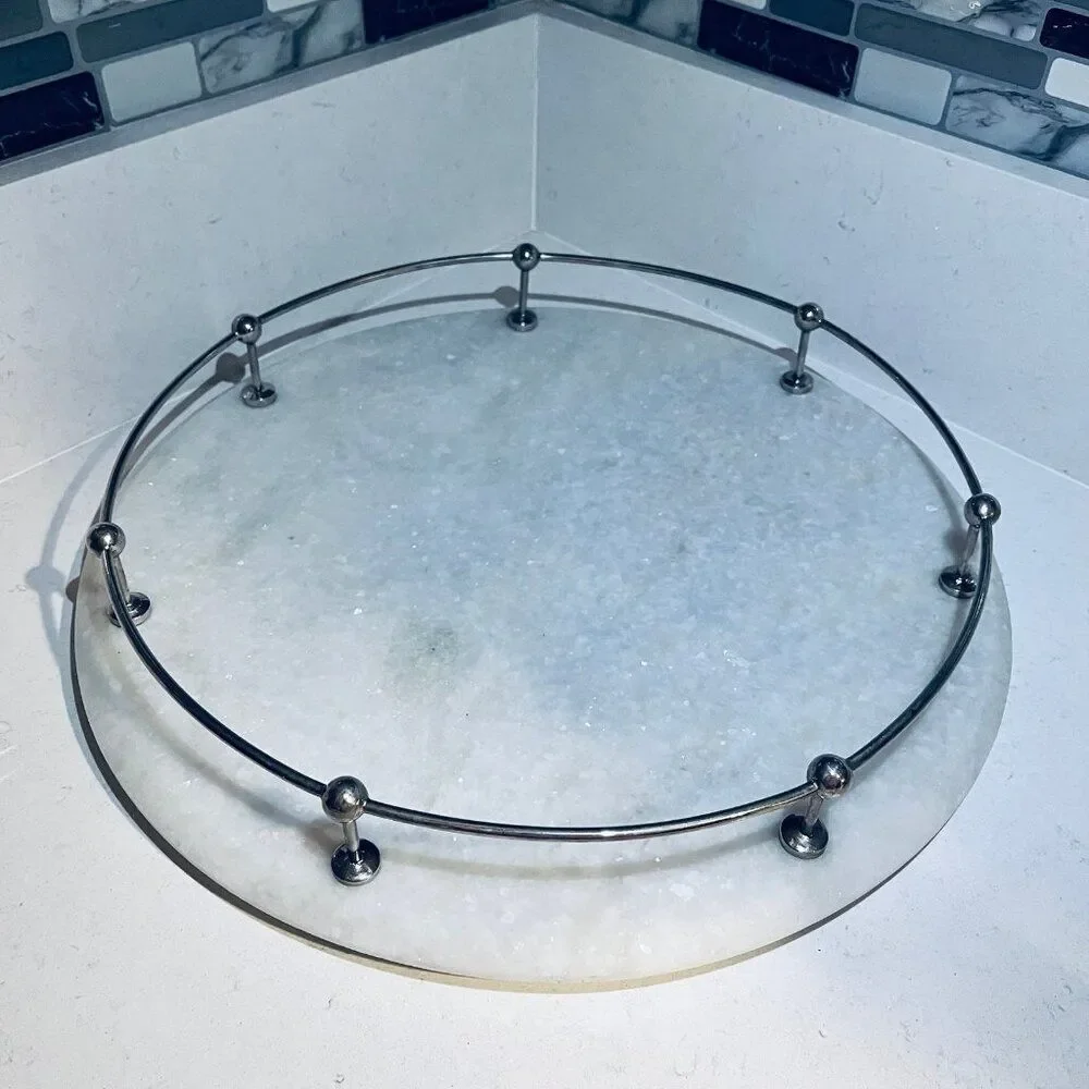 Pottery‎ Barn “Lazy Susan” Turntable Tray 18” Carrara Marble Cake Cheese Server